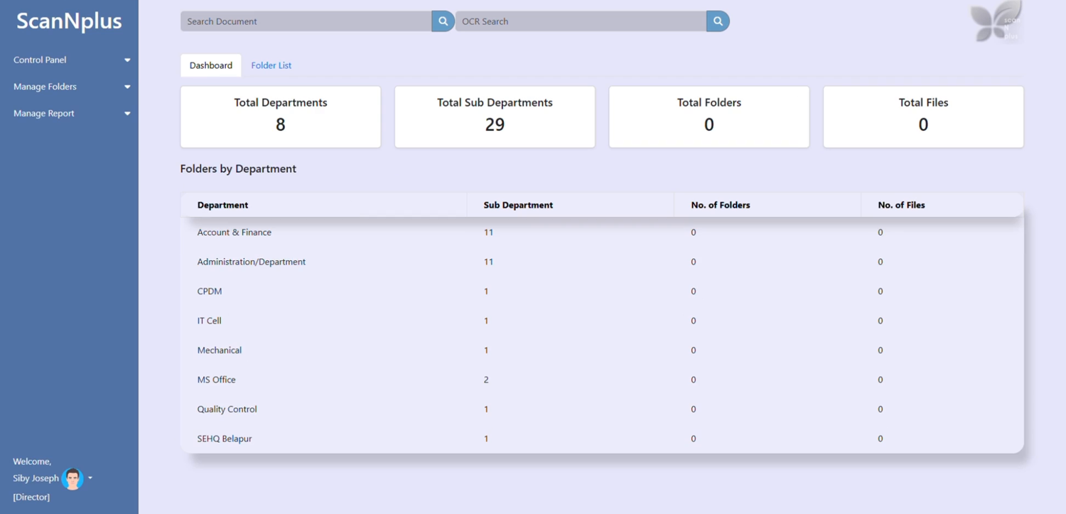 ScanNplus folder dashboard showing departments and file totals