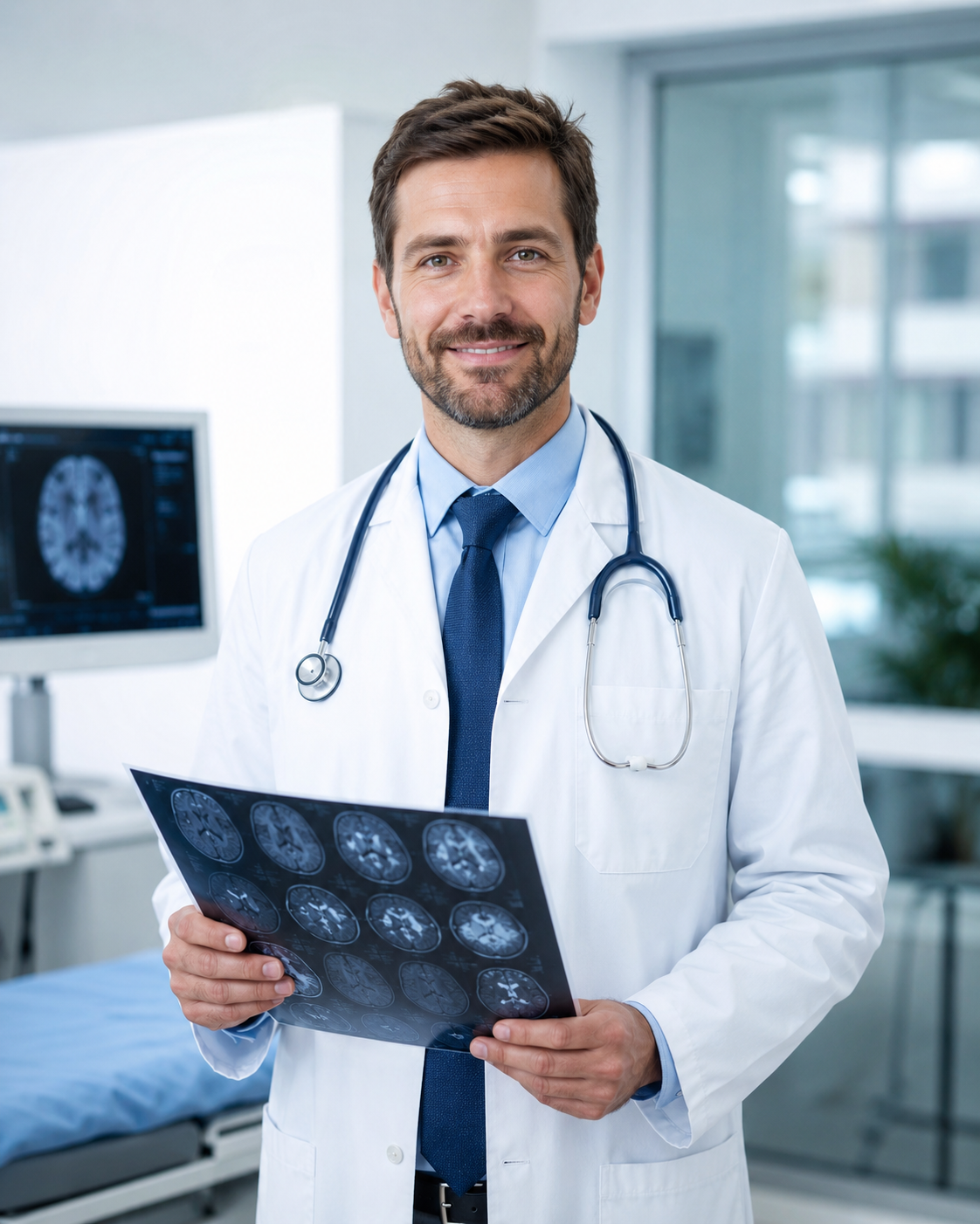 Healthcare professional reviewing printed medical images