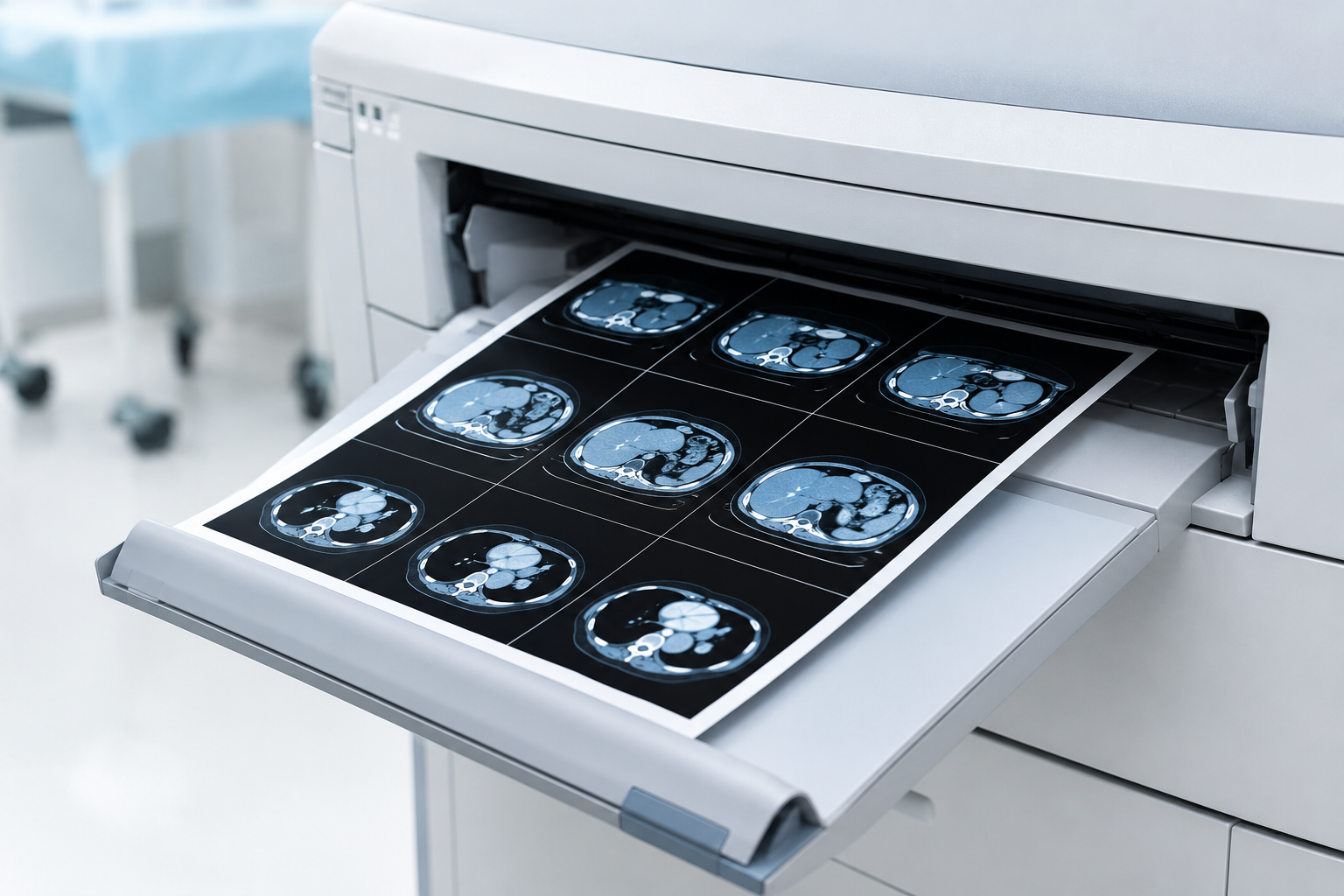 Printed diagnostic images emerging from a medical image printer