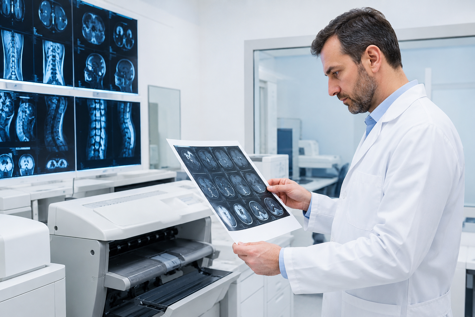 Radiologist reviewing printed medical images