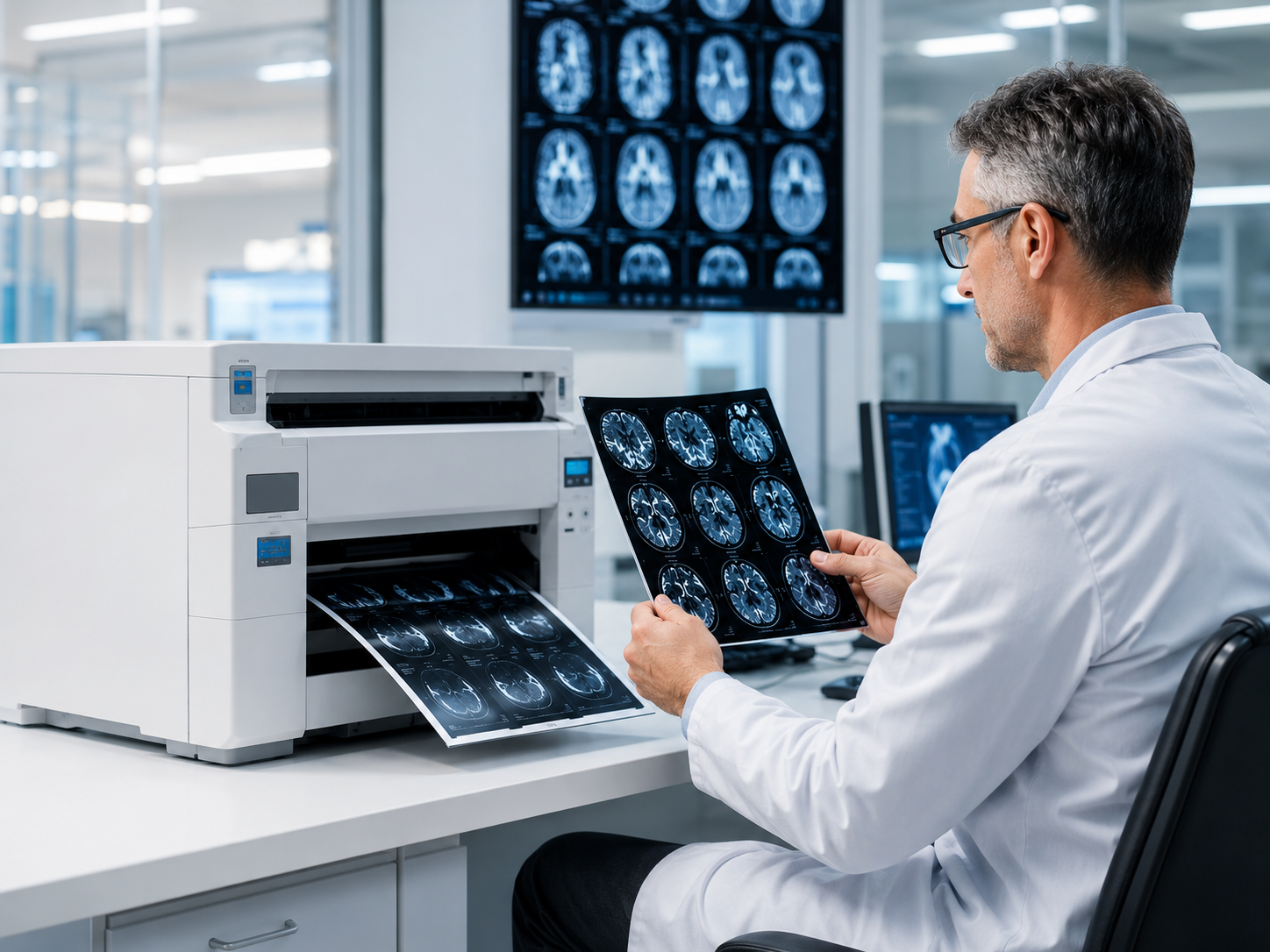 Radiology professional preparing medical images for print output