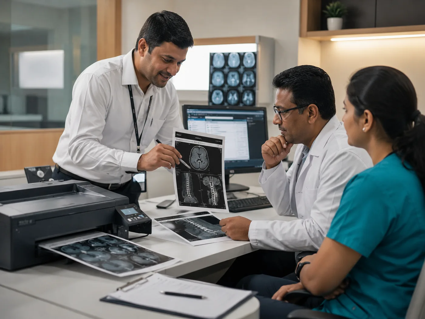 Medical professionals reviewing printed medical images beside a configured printer.
