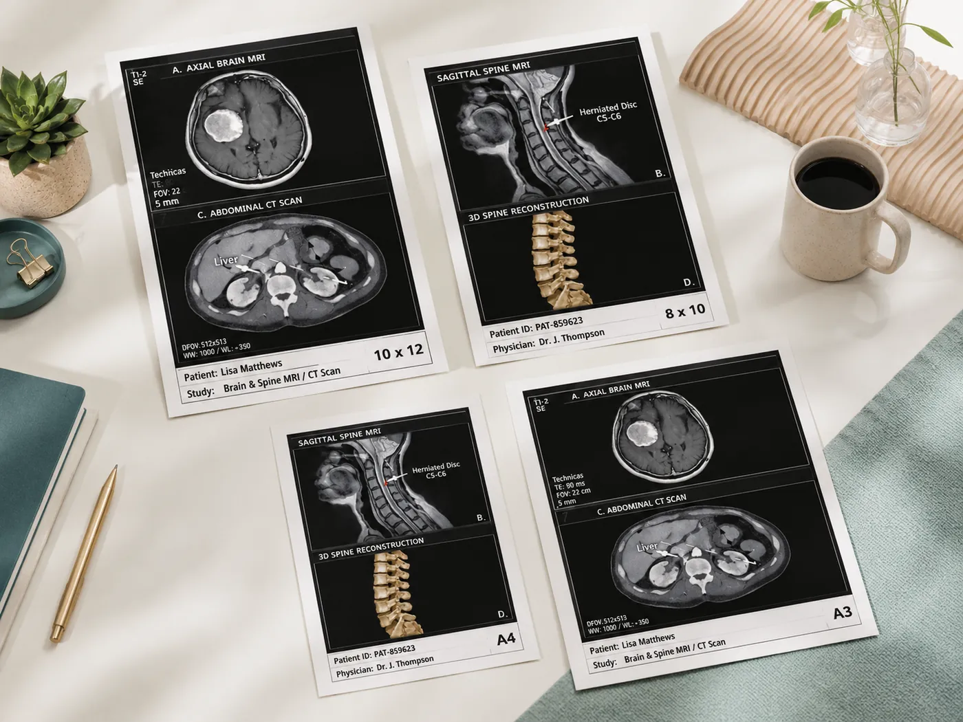 Medical imaging print samples displayed in multiple media sizes including 8 × 10, 10 × 12, A4 and A3.